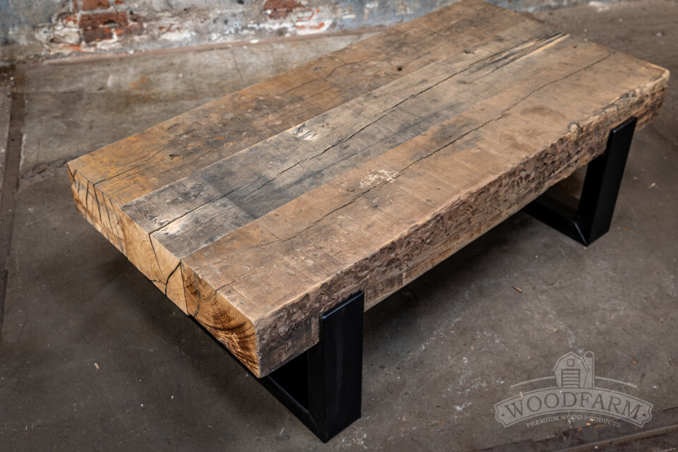 Salontafel uit oude spoorbielzen - gezandstraald - Foto 3