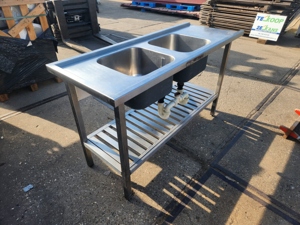 RVS werktafel, aanrecht met dubbele spoelbak - Foto 3
